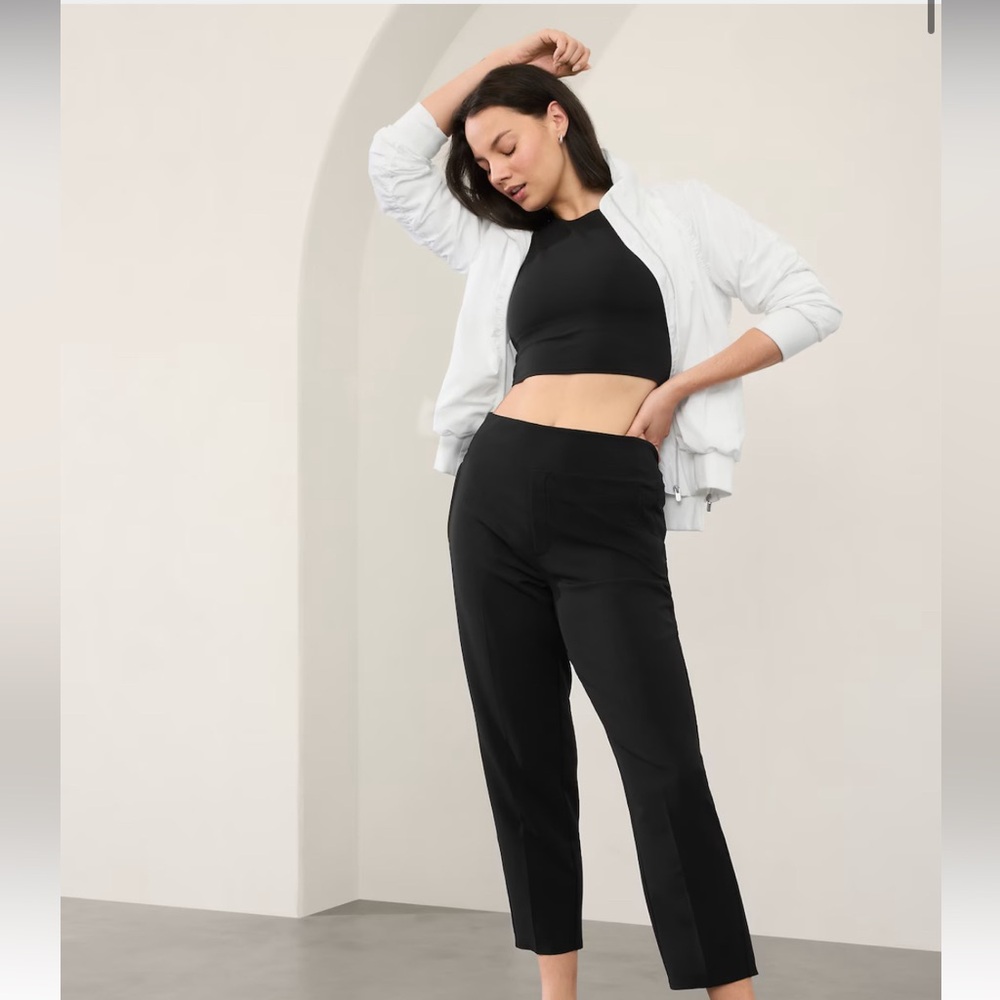 Black Athleta Endless High Rise Pant, good for commuting, lounging, traveling!